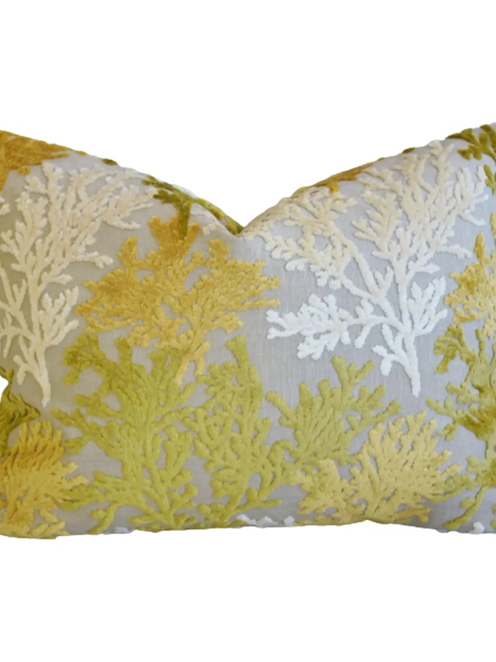 Gold, White & Green Coral Cut Velvet Feather/Down Pillow 24" X 18"
